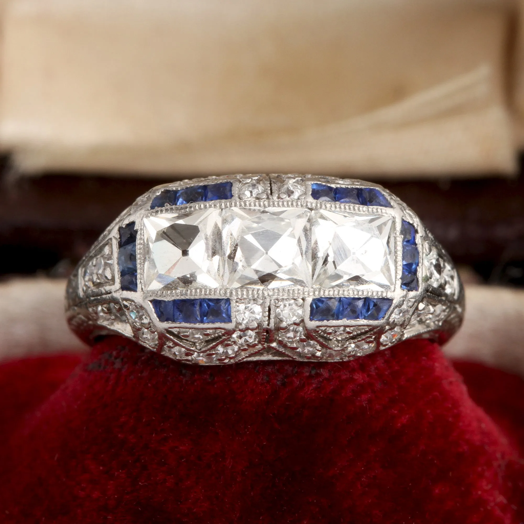 Art Deco French Cut Diamond Trilogy Ring