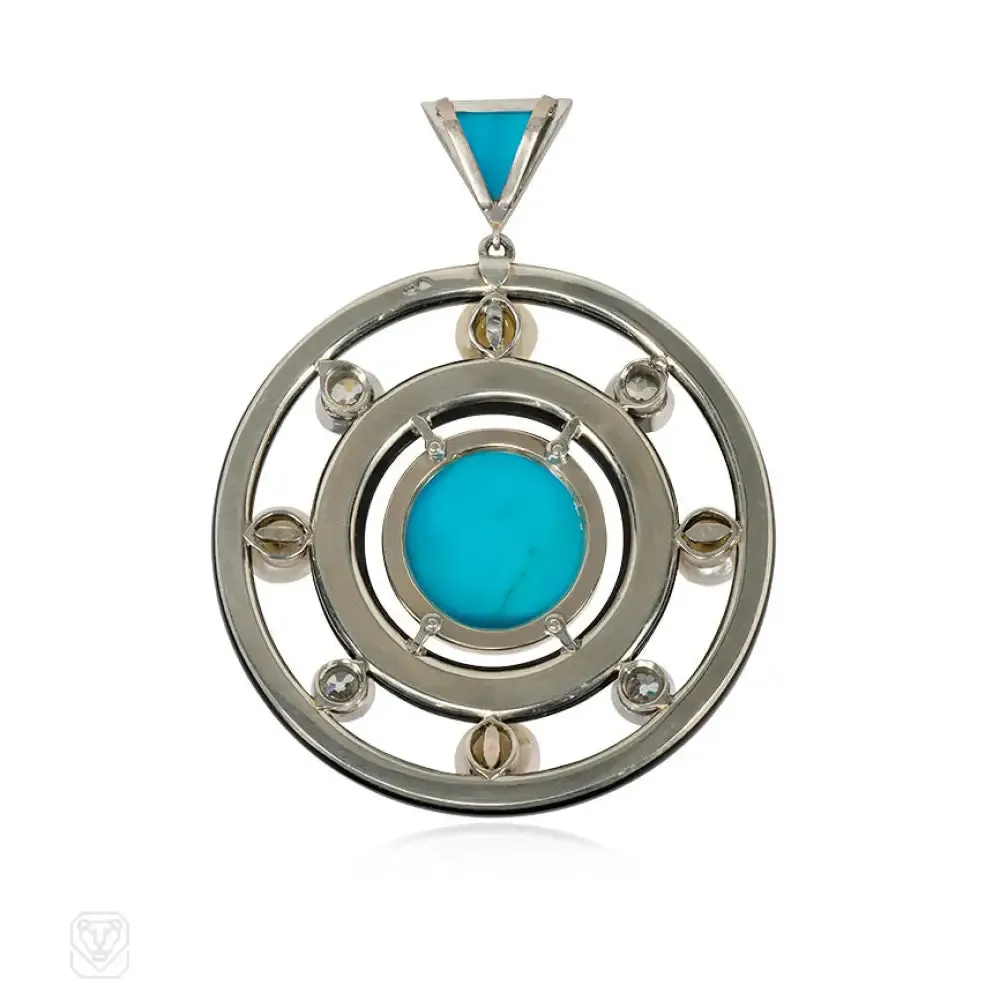 Art Deco onyx, turquoise, diamond, and pearl pendant