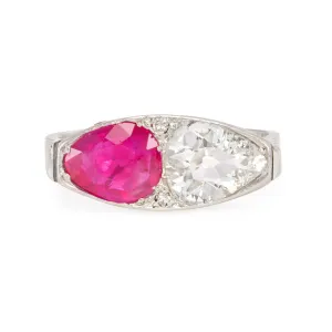 Art Deco ruby and diamond navette-shaped ring