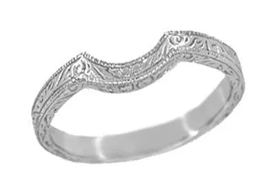 Art Deco Scrolls Engraved Contoured Wedding Band in Platinum