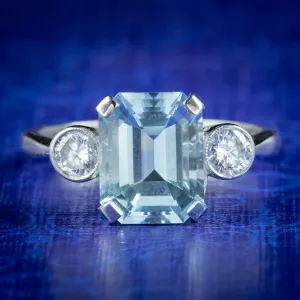 Art Deco Style Aquamarine Diamond Trilogy Ring 3.50ct Aqua