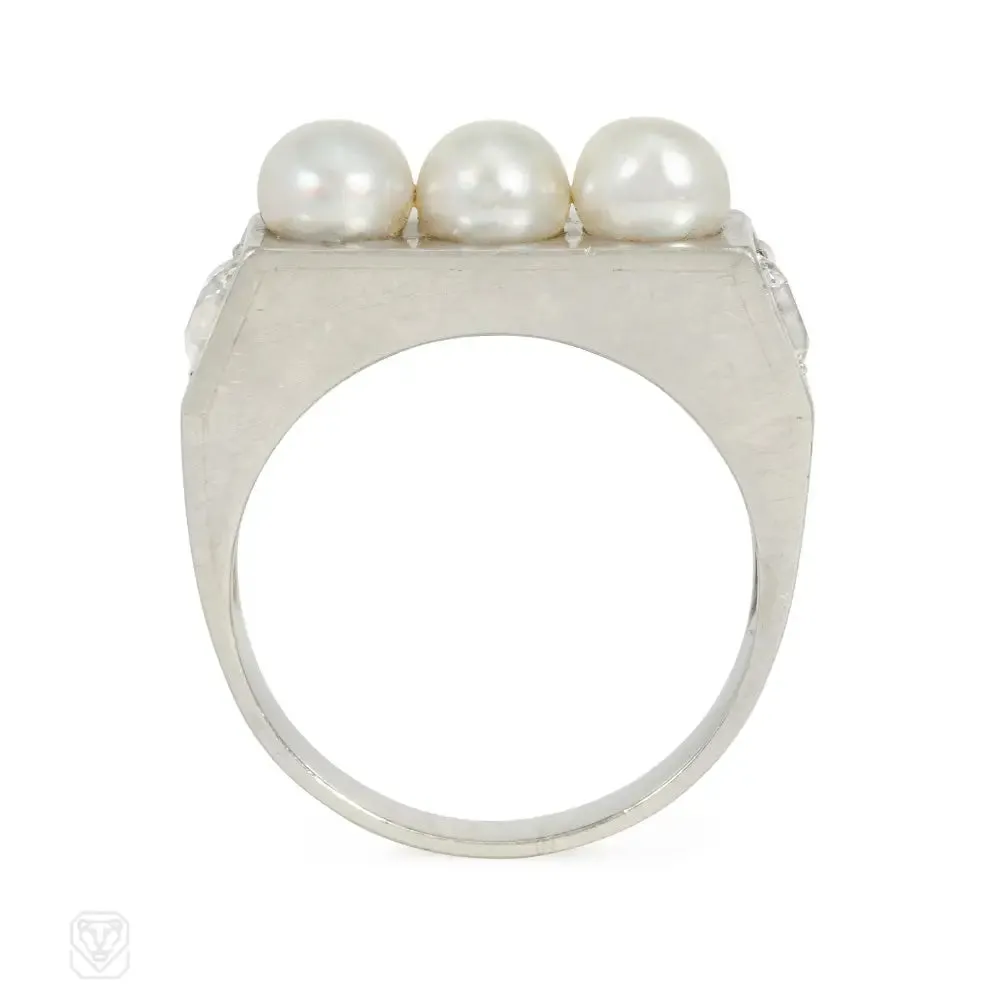 Art Moderne diamond and natural pearl ring