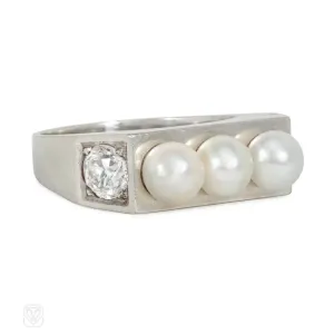 Art Moderne diamond and natural pearl ring