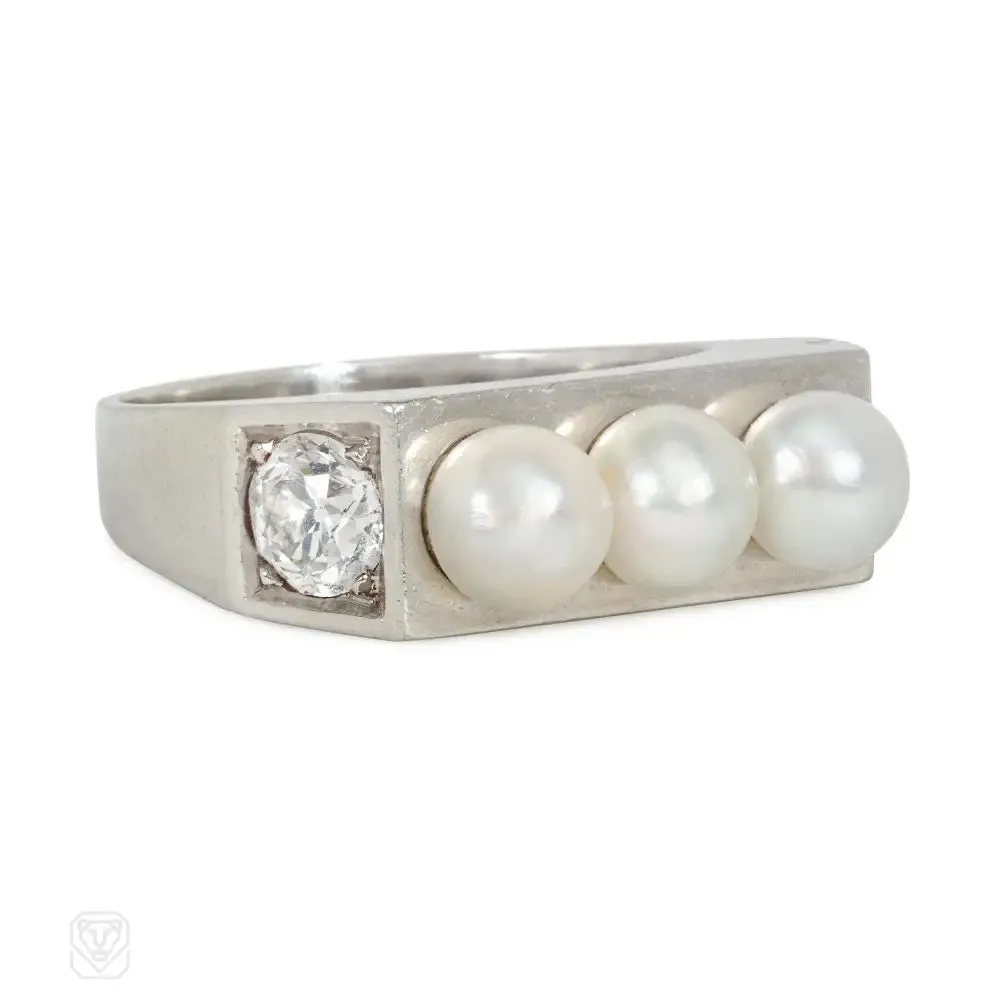 Art Moderne diamond and natural pearl ring