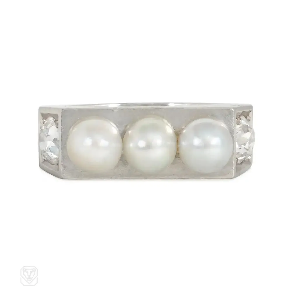 Art Moderne diamond and natural pearl ring