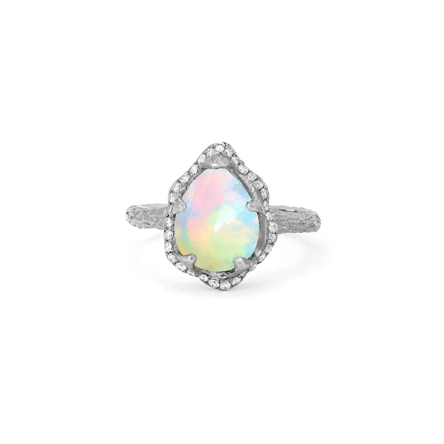 Baby Queen Water Drop White Opal Ring with Full Pavé Diamond Halo