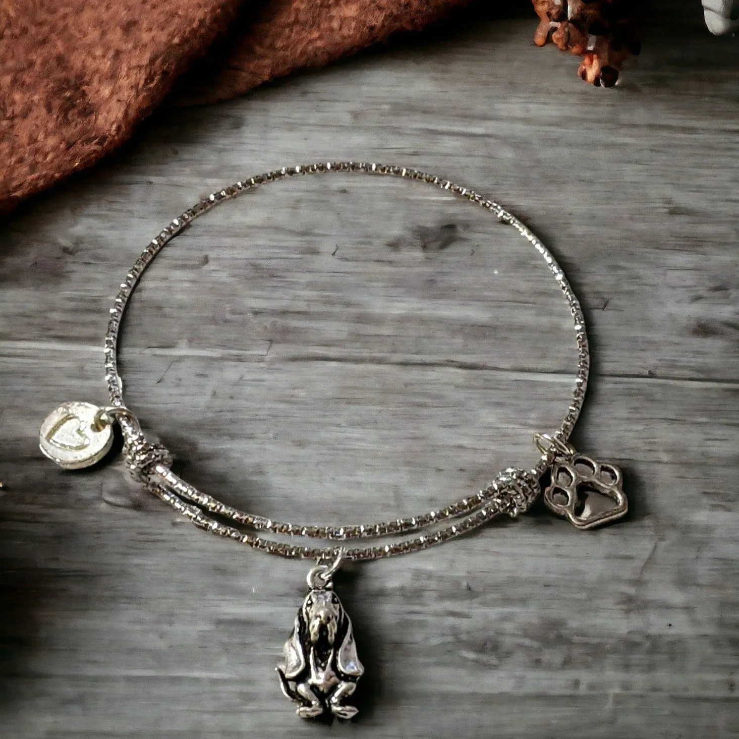 Bassett Hound Lover's Bracelet,  ADJUSTABLE Wire Charm BANGLE