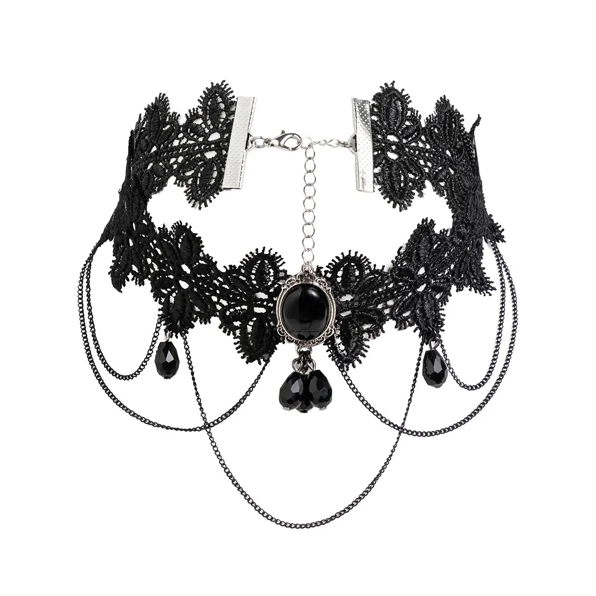 Black Lace Rope Choker w/ Black Gems and Hanging Chains