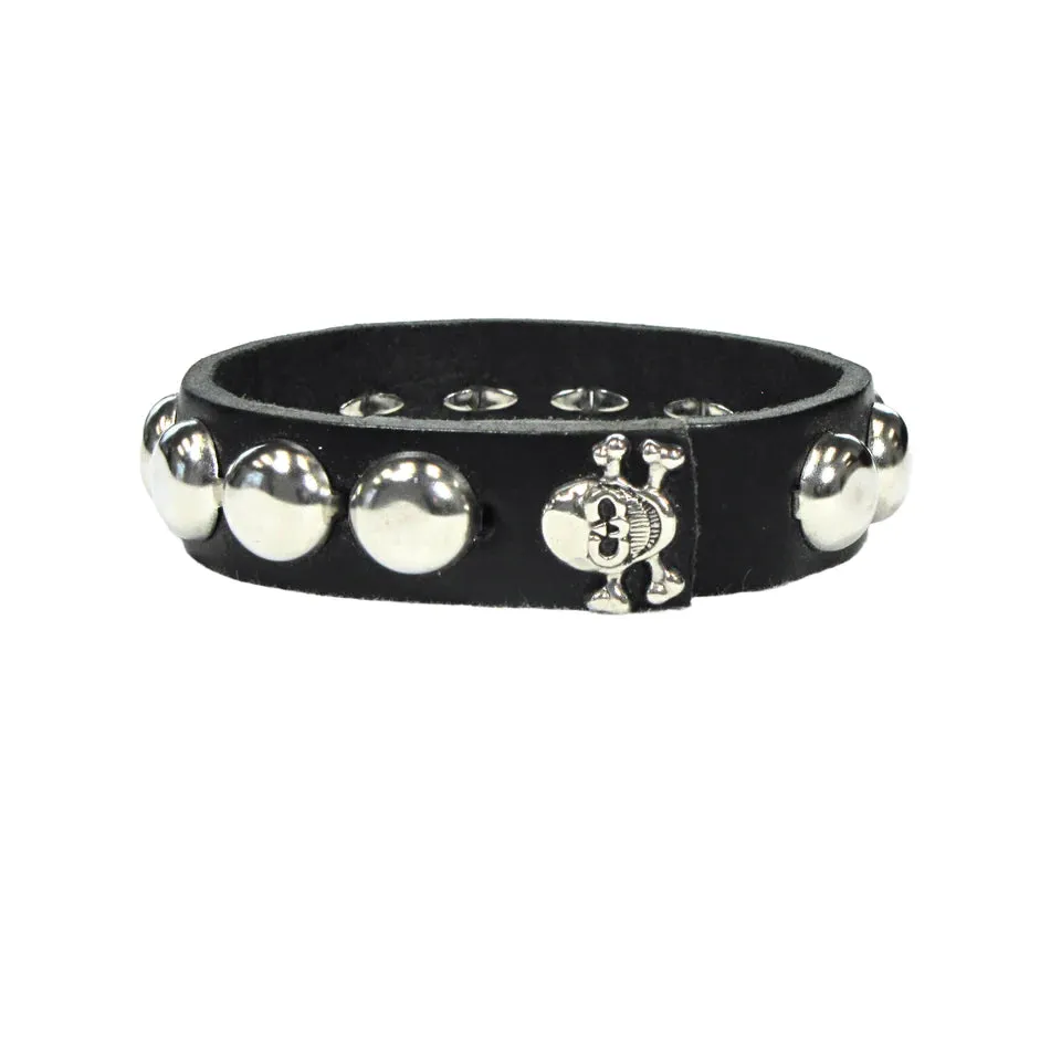 Black Leather Bracelet w/ 1 Row of Silver Dome Studs and Skull Snap