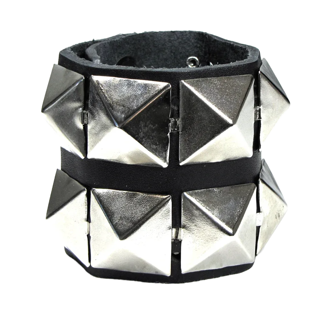 Black Leather Bracelet w/ 2 Rows of XL Silver Pyramid Studs