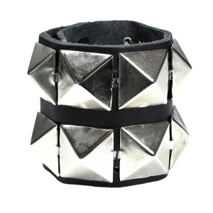 Black Leather Bracelet w/ 2 Rows of XL Silver Pyramid Studs