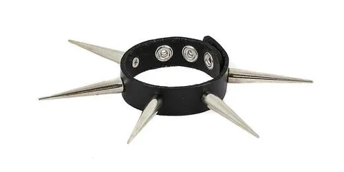 Black Leather Bracelet w/ Single Row of Silver Needle Spikes