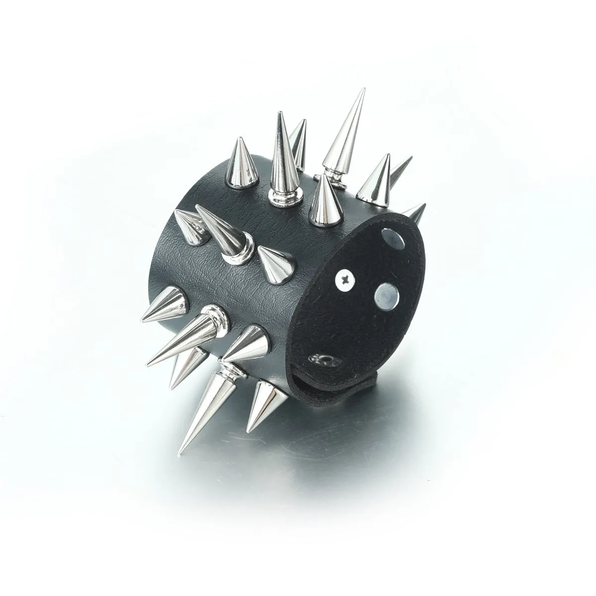 Black Leather Bracelet w/ Three Rows of Multi Sized Silver Spikes