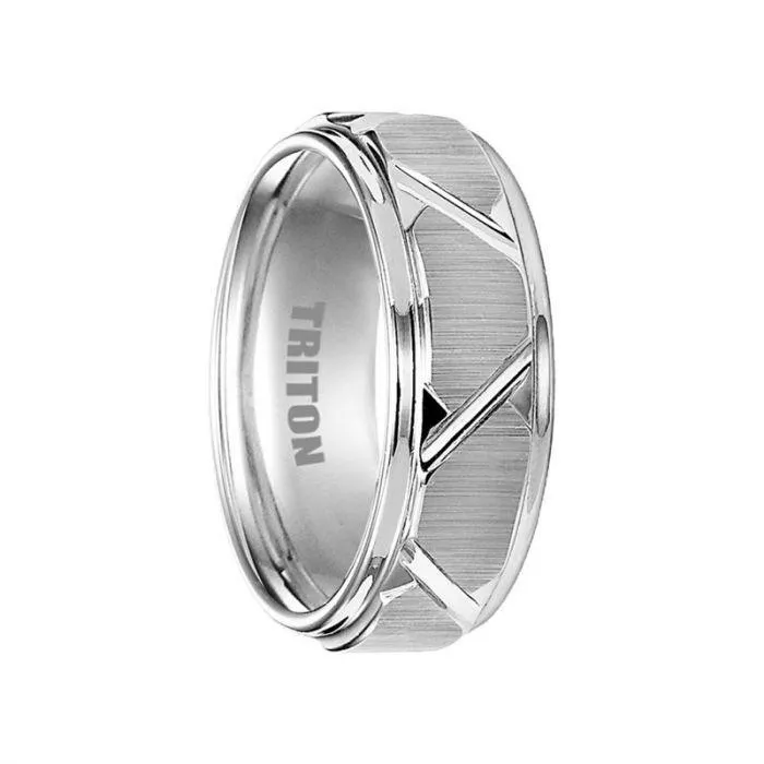 BLAINE White Tungsten Wedding Band with Etched Finish and Diagonal Grooves by Triton Rings - 8mm