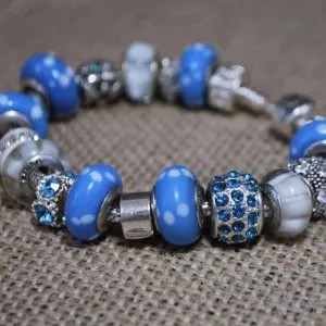 Blue and White Paw Prints Murano Glass Bead Charm Bracelets