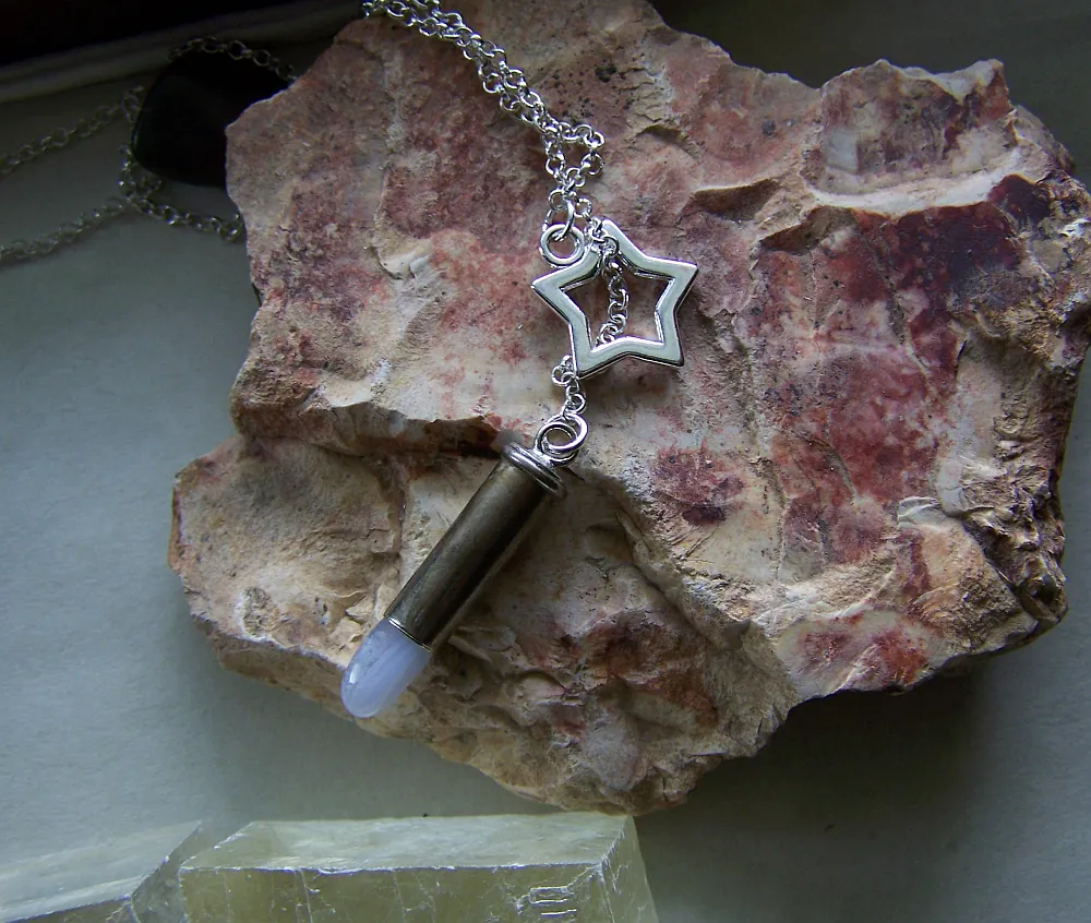 Blue Lace Agate Silver Star Bullet Jewelry Necklace