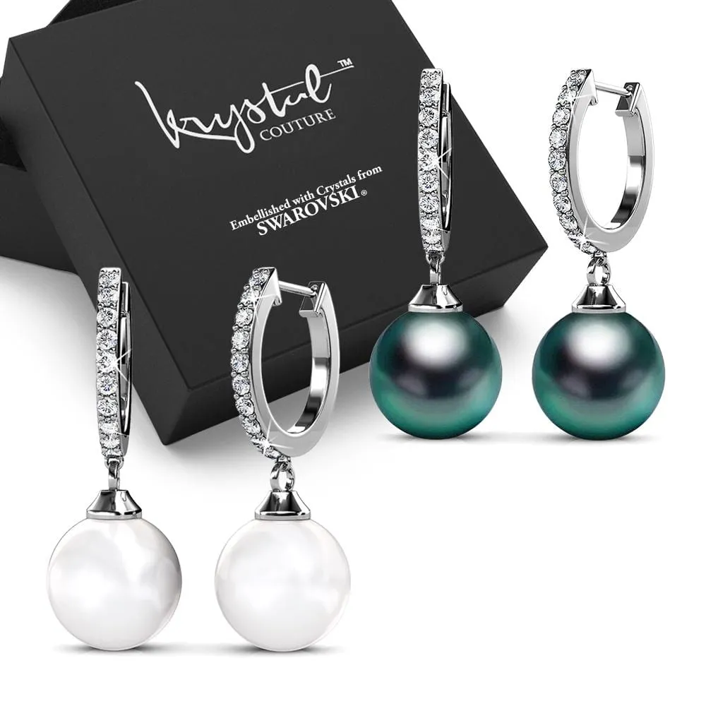 Boxed 2 Pairs Flawless Pearl Drop Hoop Earrings Set iEmbellished with SWAROVSKI Crystal Iridescent Tahitian Look Pearls in White Gold