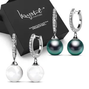 Boxed 2 Pairs Flawless Pearl Drop Hoop Earrings Set iEmbellished with SWAROVSKI Crystal Iridescent Tahitian Look Pearls in White Gold