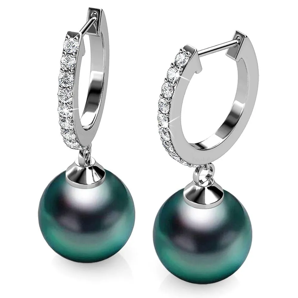 Boxed 2 Pairs Flawless Pearl Drop Hoop Earrings Set iEmbellished with SWAROVSKI Crystal Iridescent Tahitian Look Pearls in White Gold