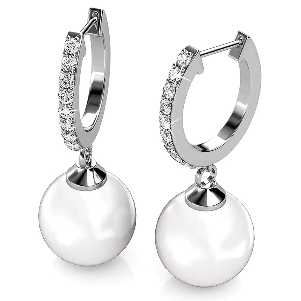 Boxed 2 Pairs Flawless Pearl Drop Hoop Earrings Set iEmbellished with SWAROVSKI Crystal Iridescent Tahitian Look Pearls in White Gold