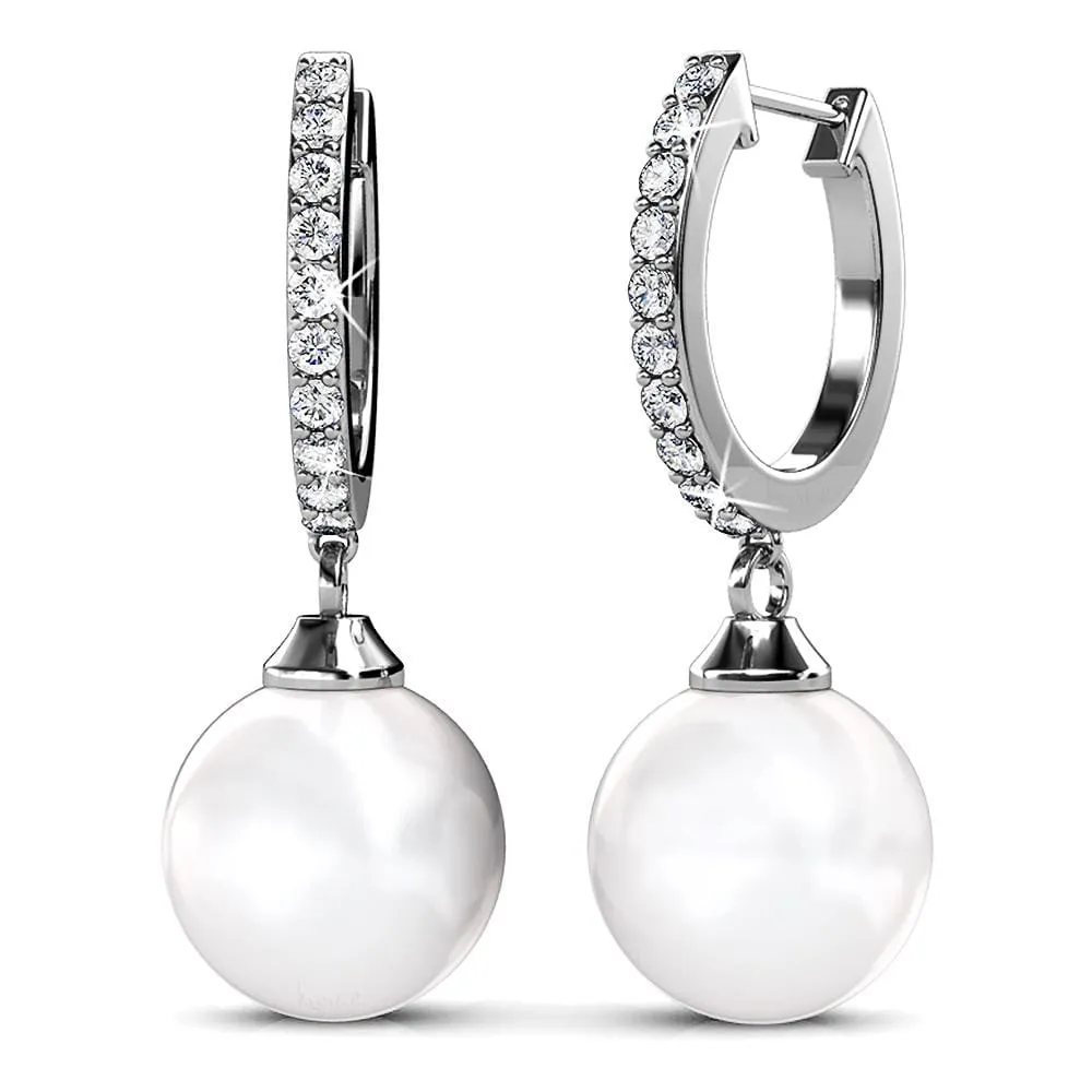 Boxed 2 Pairs Flawless Pearl Drop Hoop Earrings Set iEmbellished with SWAROVSKI Crystal Iridescent Tahitian Look Pearls in White Gold