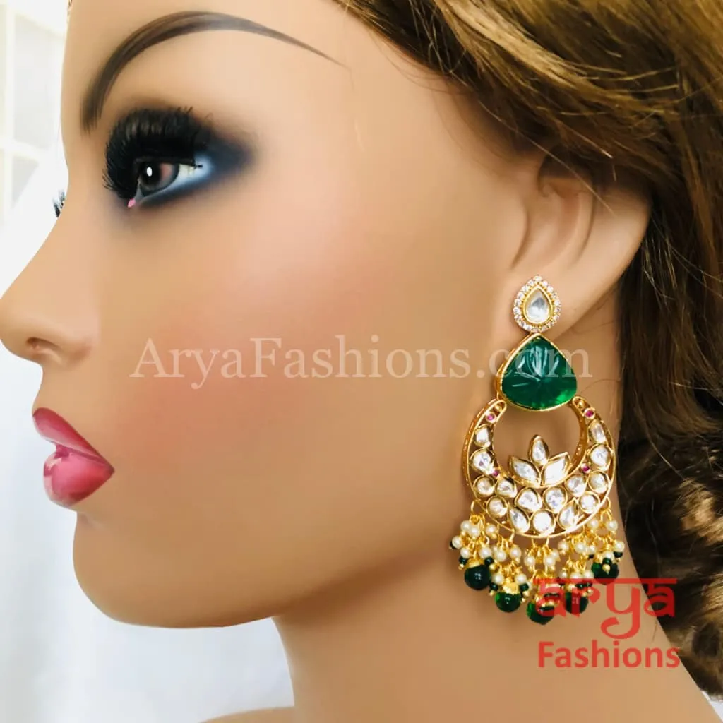 Bridesmaid Pacchi Kundan Chandbali Earrings/ Emerald Green Kundan Earrings