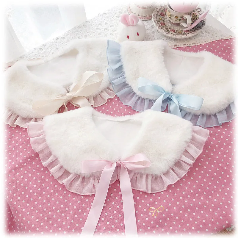 Candy Fairy Lolita Lace Ruffled Pastel Colors Faux Rabbit Fur Winter Collar Necklaces Scarf