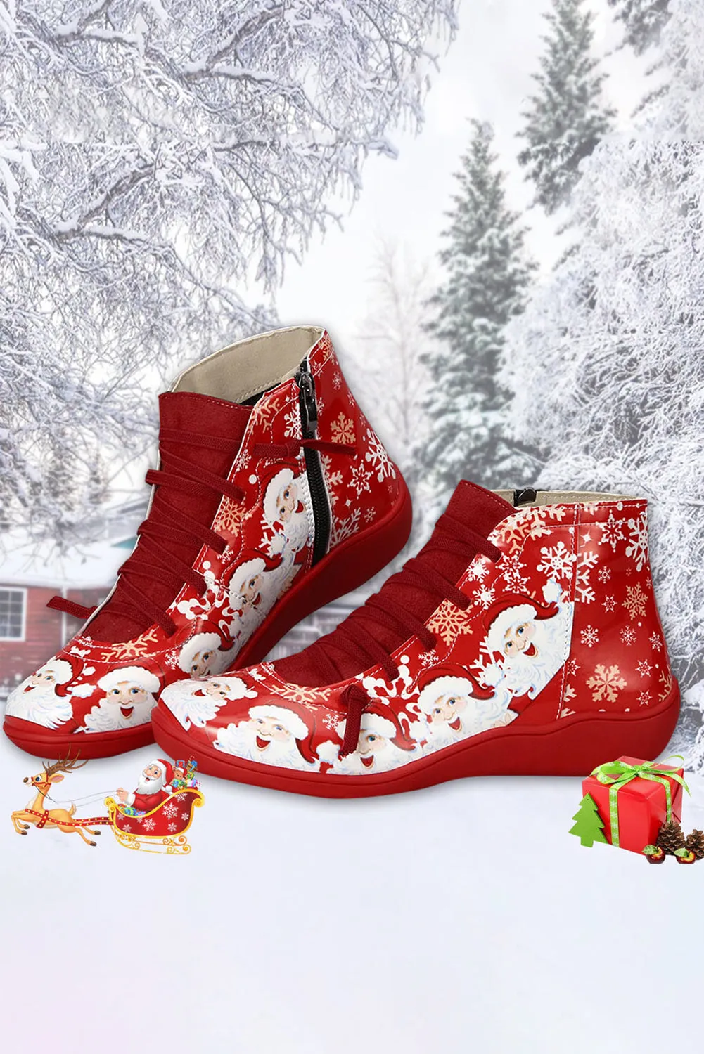 Christmas Ankle Boots Xmas Stanta Claus PU Leather Boots for Women