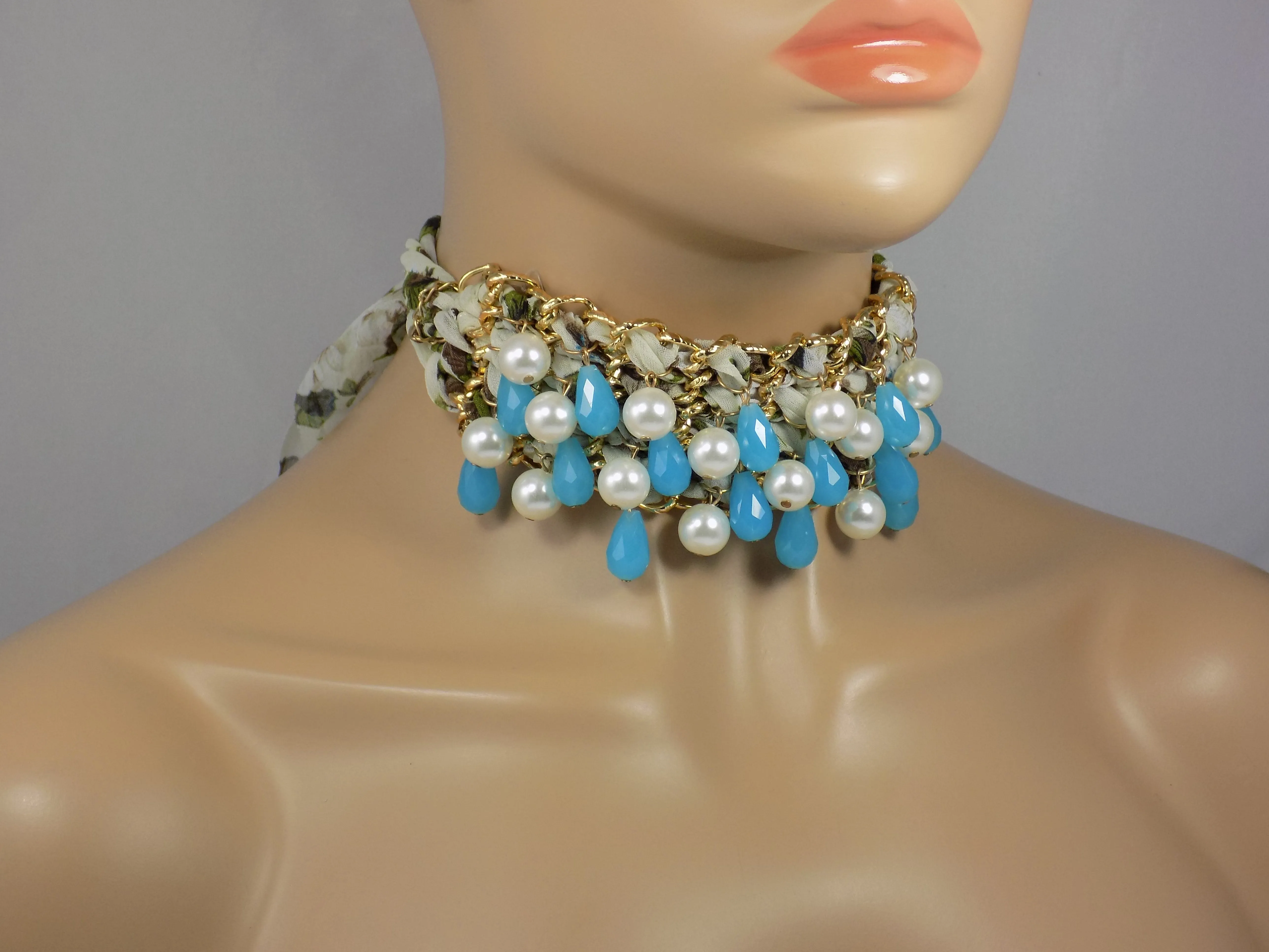 Chunky Choker Necklace Beaded Choker Lace Fabric Flower Choker