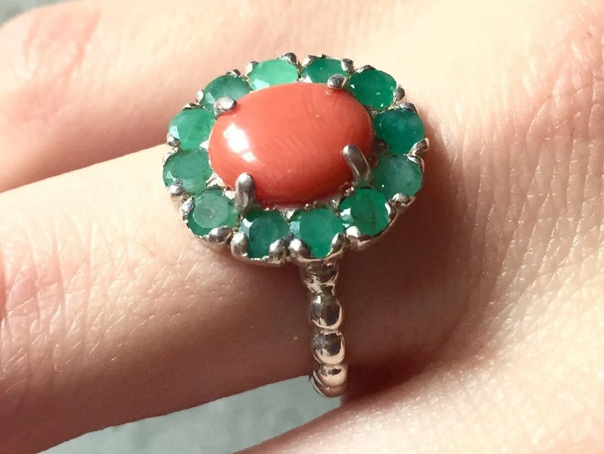 Coral Victorian Ring - Orange Flower Ring - Silver Coral Ring