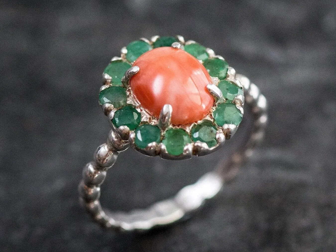 Coral Victorian Ring - Orange Flower Ring - Silver Coral Ring