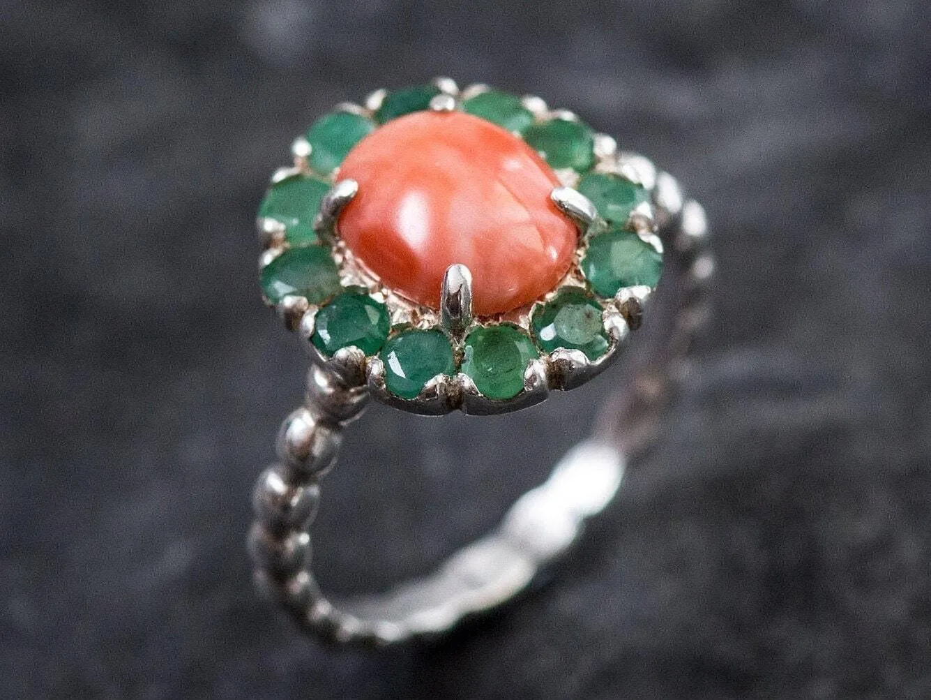 Coral Victorian Ring - Orange Flower Ring - Silver Coral Ring