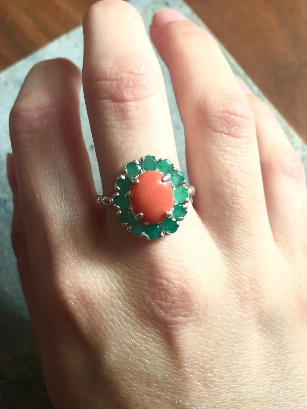 Coral Victorian Ring - Orange Flower Ring - Silver Coral Ring