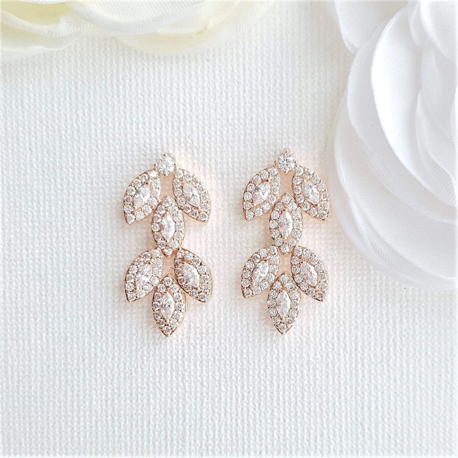 Cubic Zirconia Gold Leaf Stud Earrings- Abby