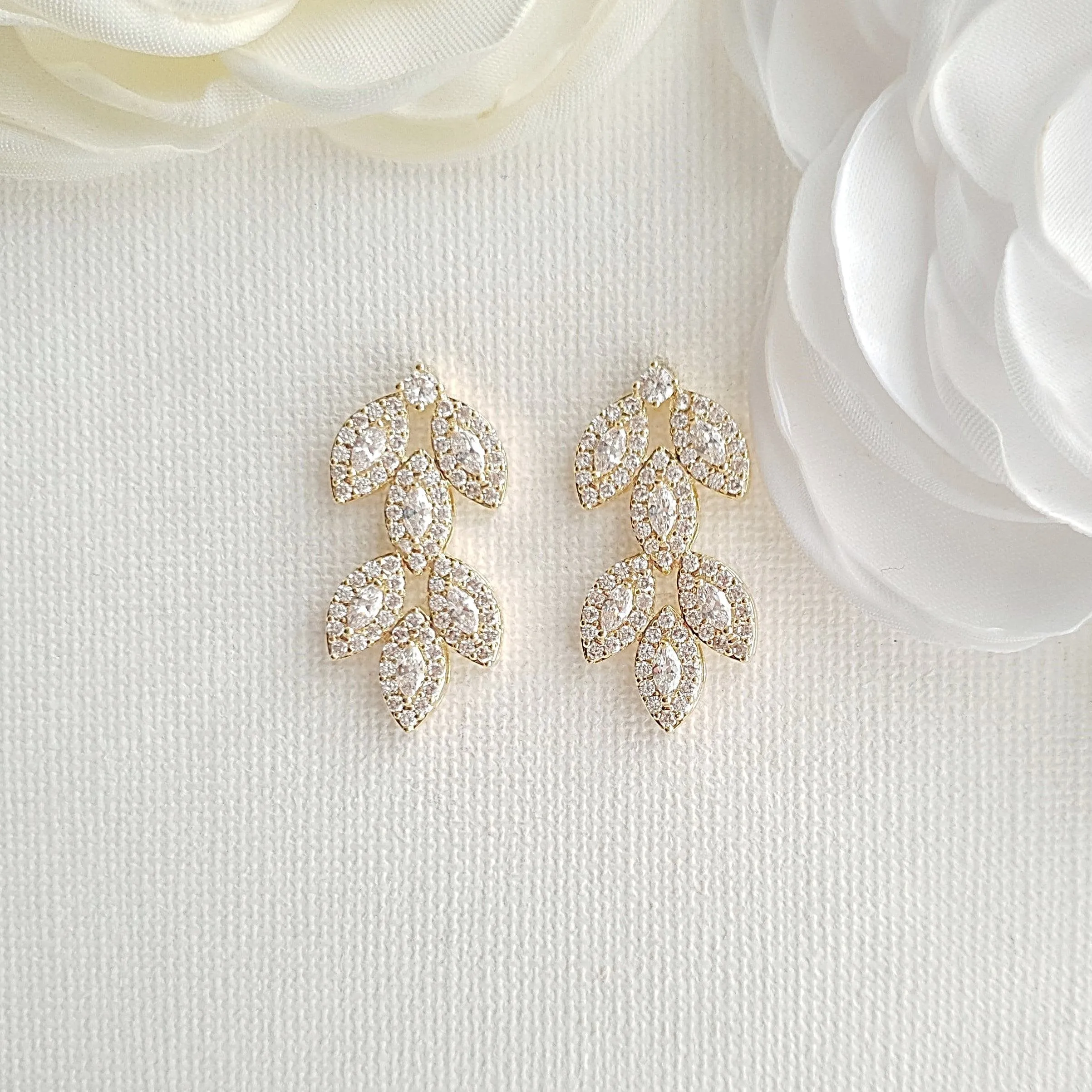 Cubic Zirconia Gold Leaf Stud Earrings- Abby