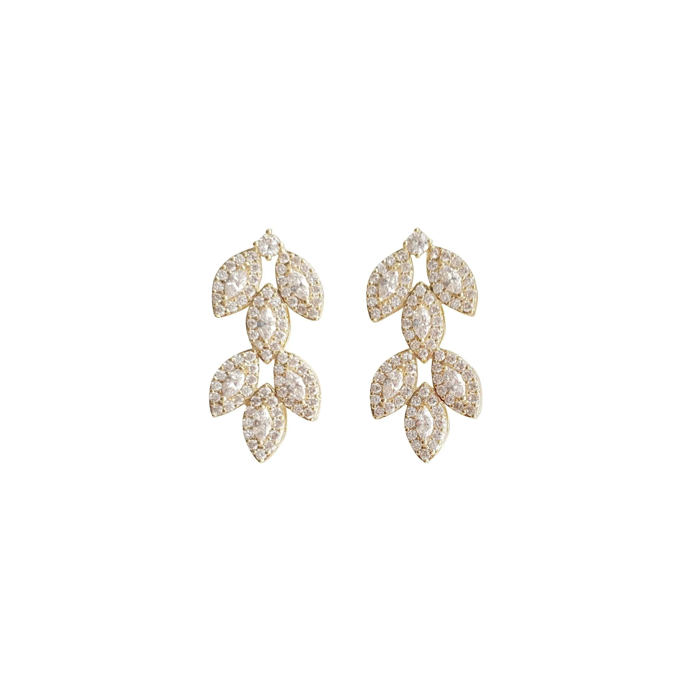 Cubic Zirconia Gold Leaf Stud Earrings- Abby