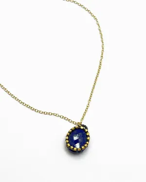 Danielle Welmond | Caged Lapis Oval w/ Navy Cord, 14kt Gold Vermeil Beads on 14kt Gold Vermeil Chain