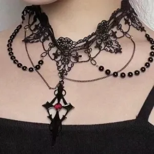 Dark Lolita Gothic Lace Pearl Cross Halloween Necklace