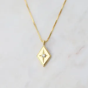 Diamond Shape with Star-set CZ Box Chain Necklace - Gold Vermeil