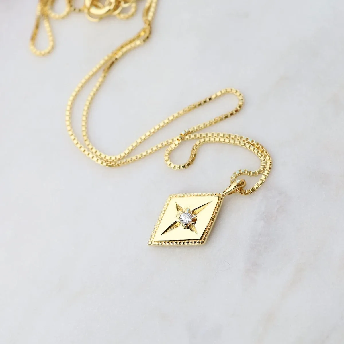 Diamond Shape with Star-set CZ Box Chain Necklace - Gold Vermeil