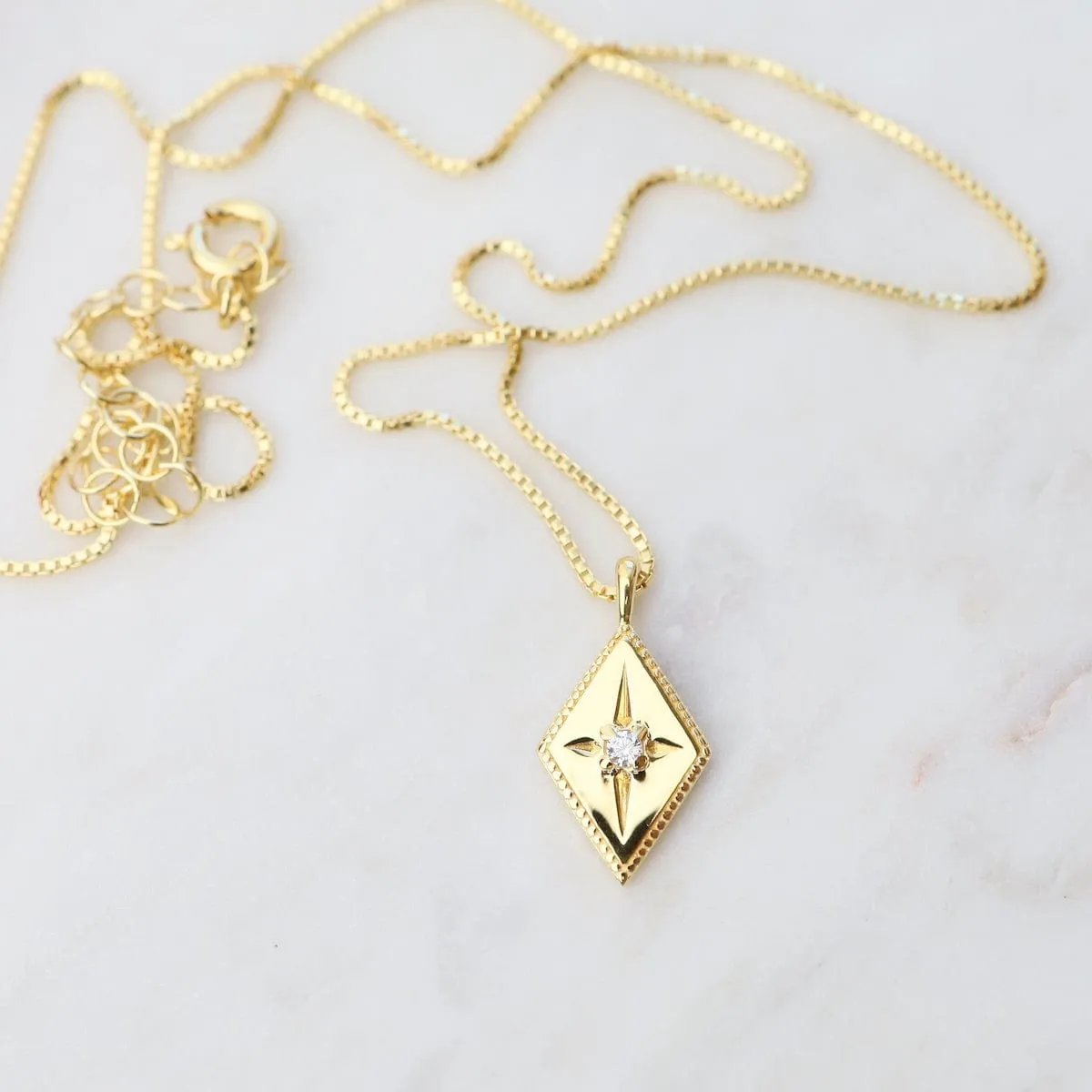 Diamond Shape with Star-set CZ Box Chain Necklace - Gold Vermeil