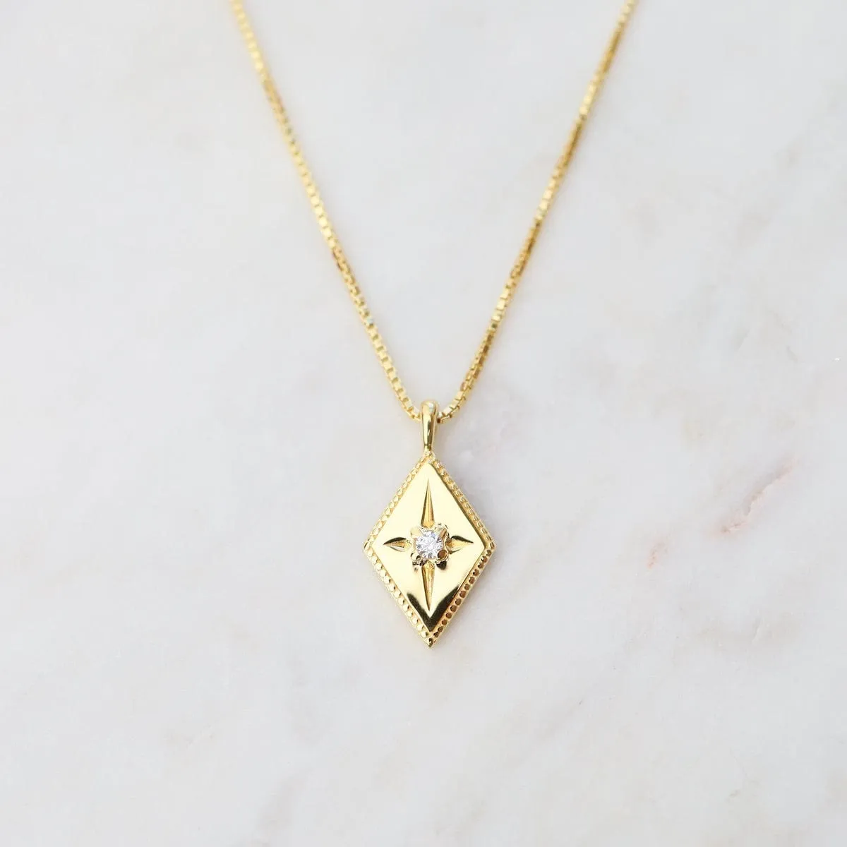 Diamond Shape with Star-set CZ Box Chain Necklace - Gold Vermeil