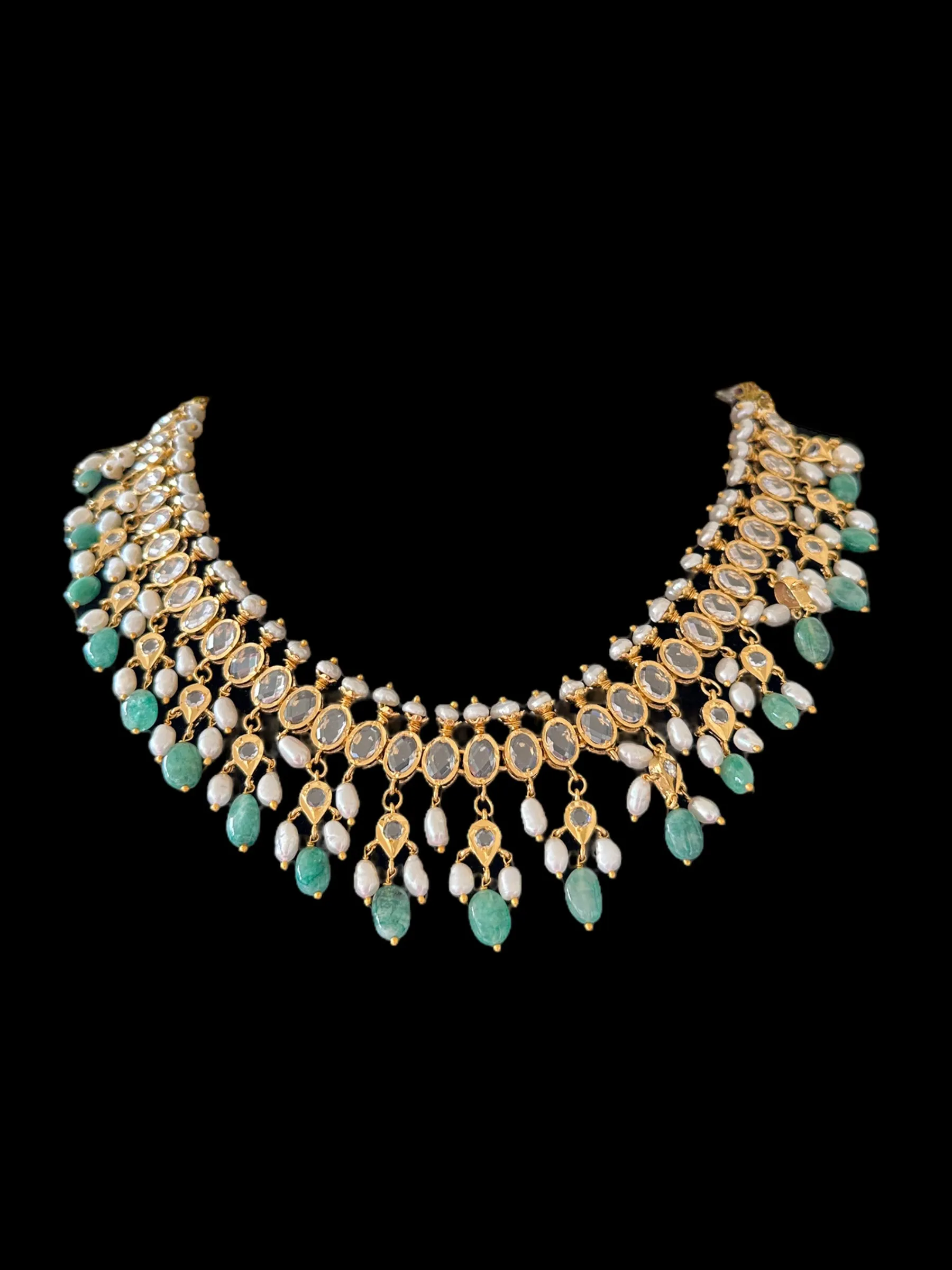 DNS110 Barfi necklace set in fresh water pearls and emerald beads ( SHIPS IN 4 WEEKS )