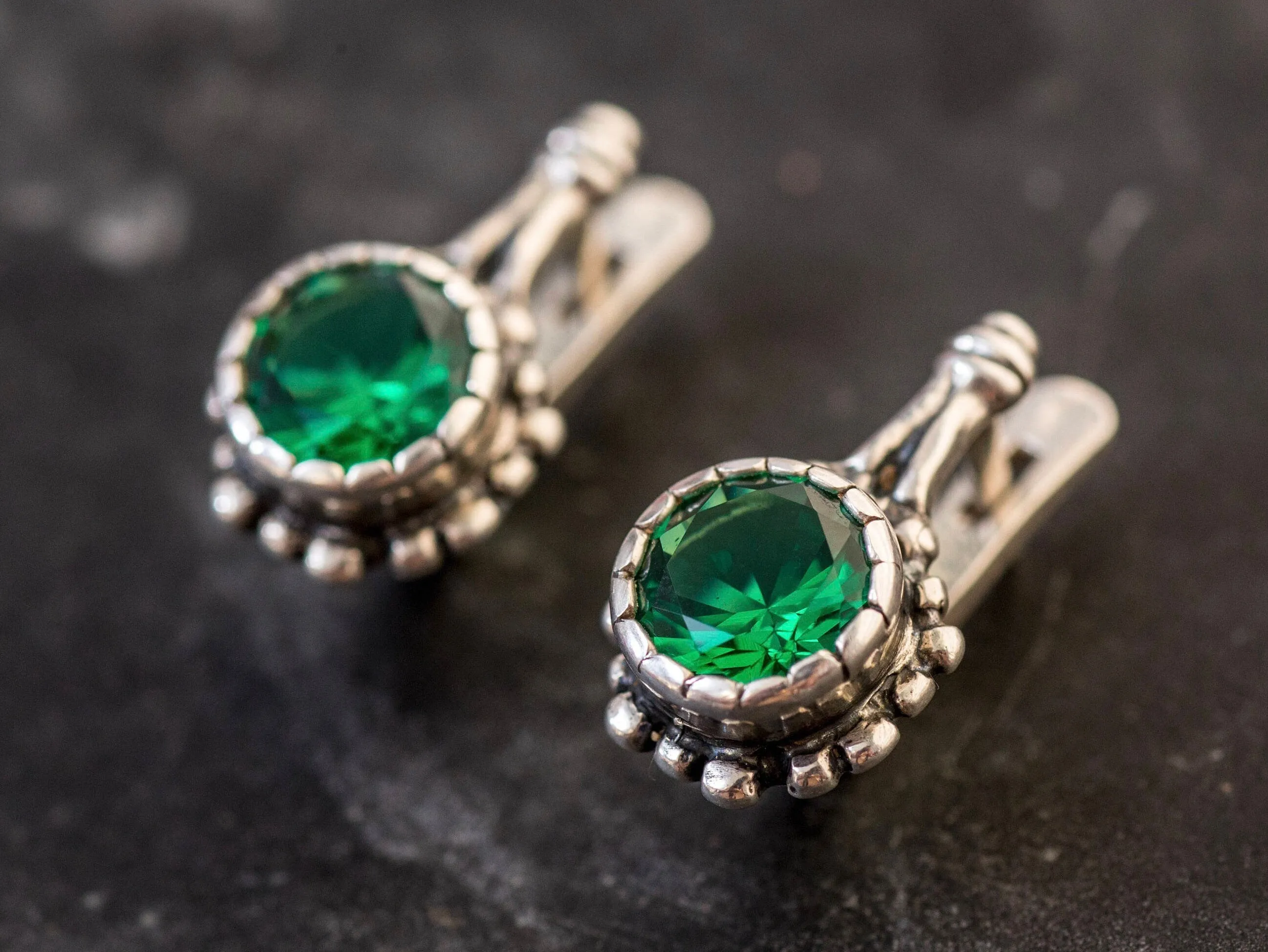 Drop Emerald Earrings - Green Vintage Earrings - Round Emerald Earrings