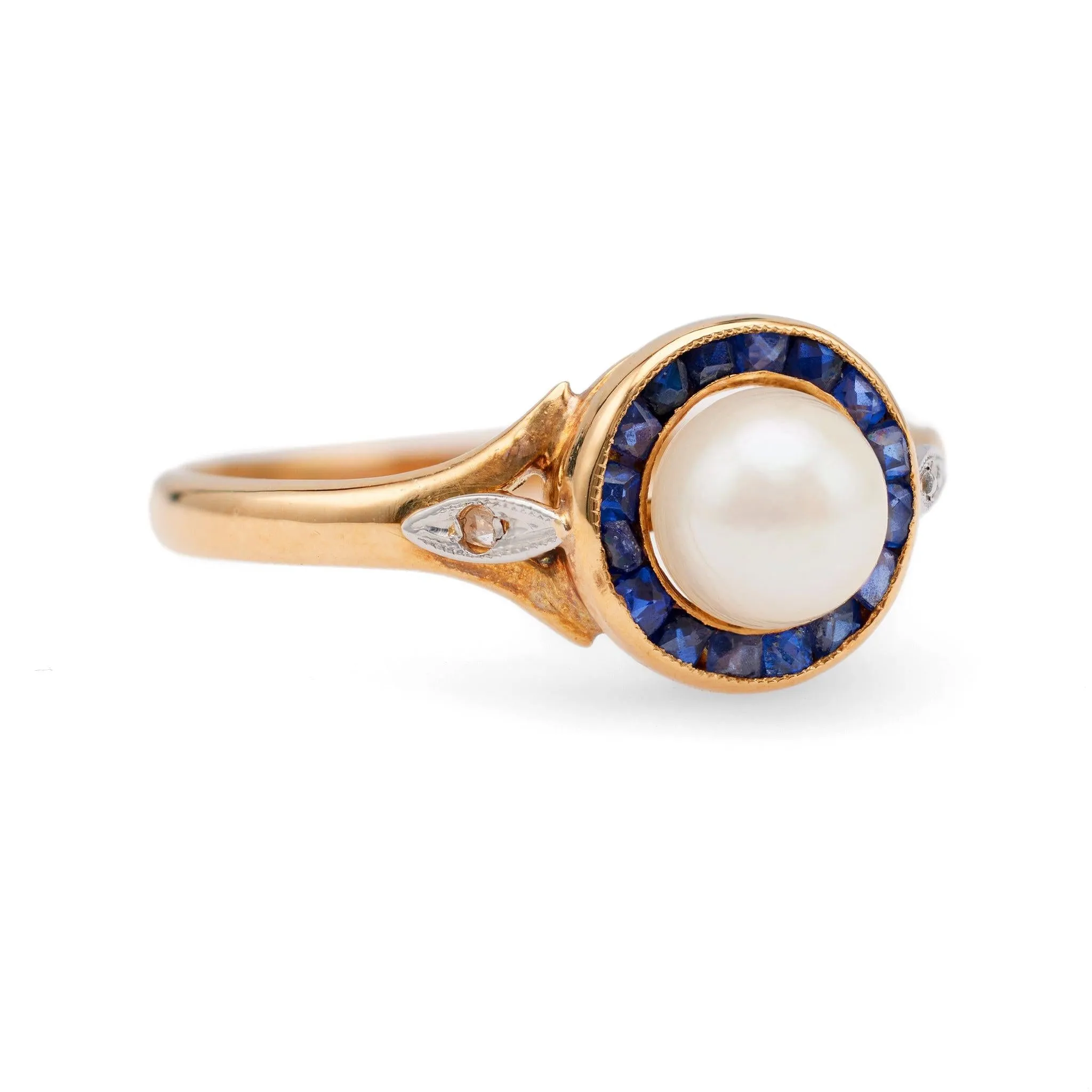 Edwardian Pearl Sapphire Diamond 18k Yellow Gold Platinum Ring