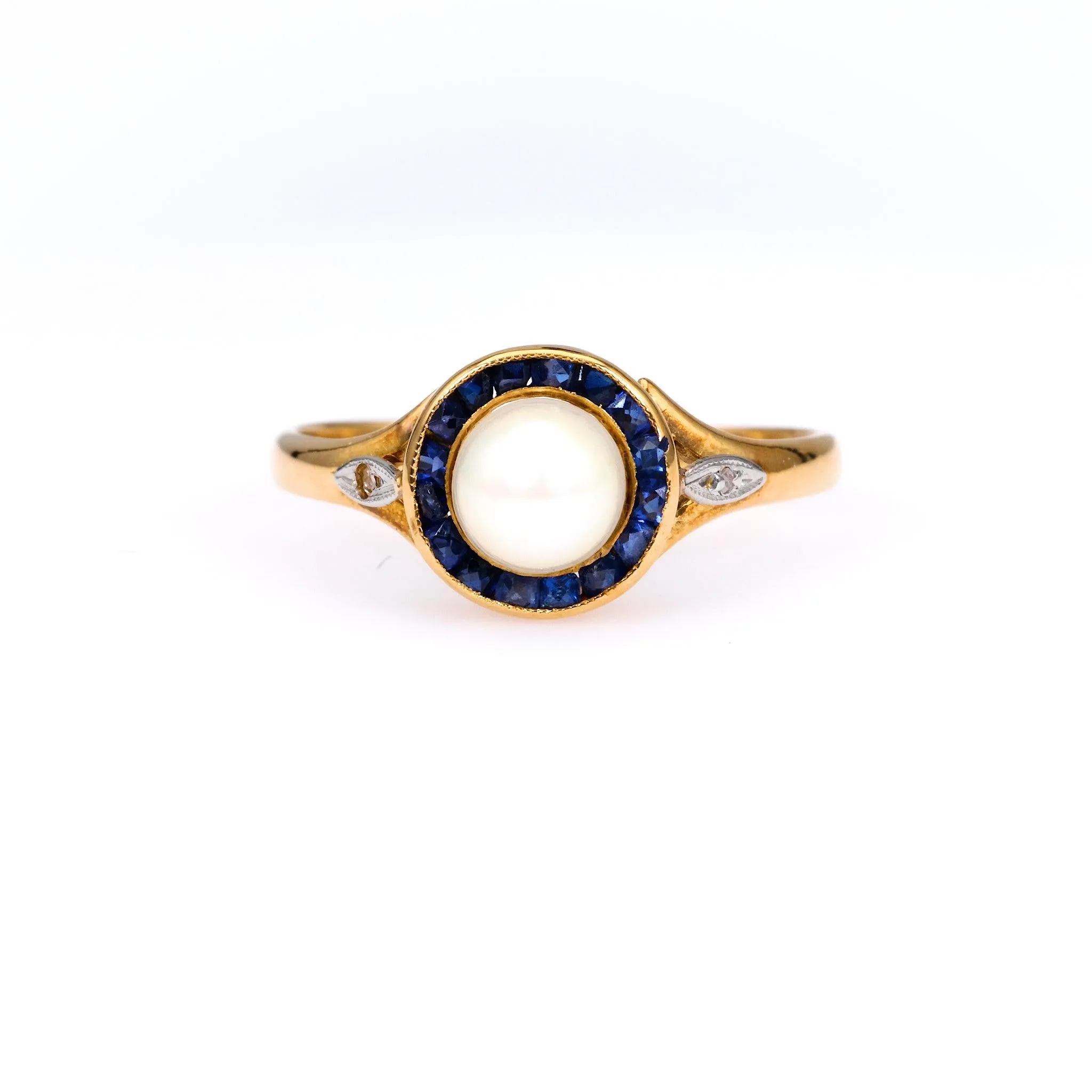 Edwardian Pearl Sapphire Diamond 18k Yellow Gold Platinum Ring