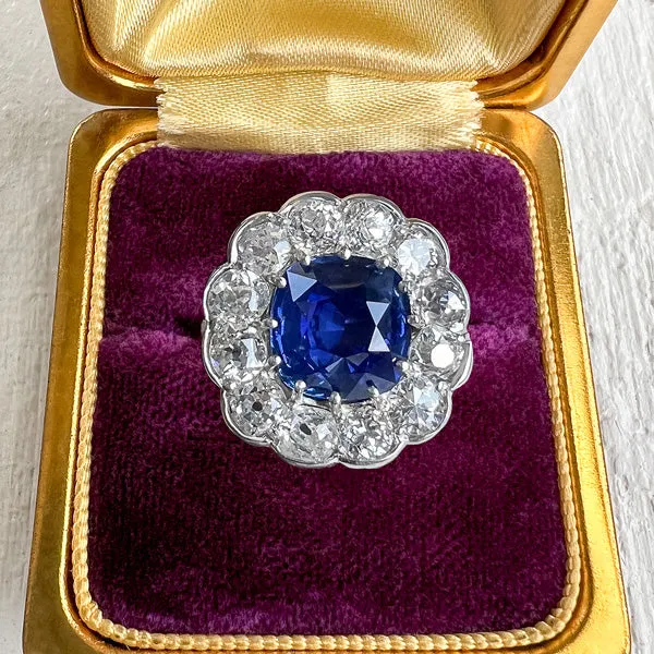 Edwardian Sapphire & Diamond Ring, Cushion 4.59ct.