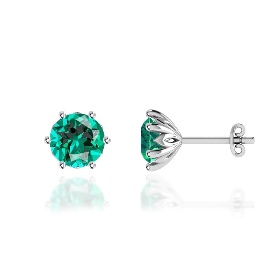 ELOISE - Round Emerald 18k White Gold Lotus Leaf Stud Earrings