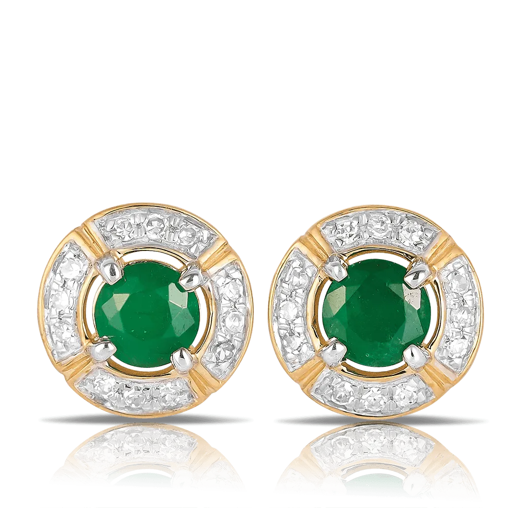 Emerald & Diamond Halo Stud Earrings in 9ct Yellow Gold