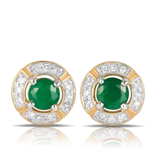 Emerald & Diamond Halo Stud Earrings in 9ct Yellow Gold